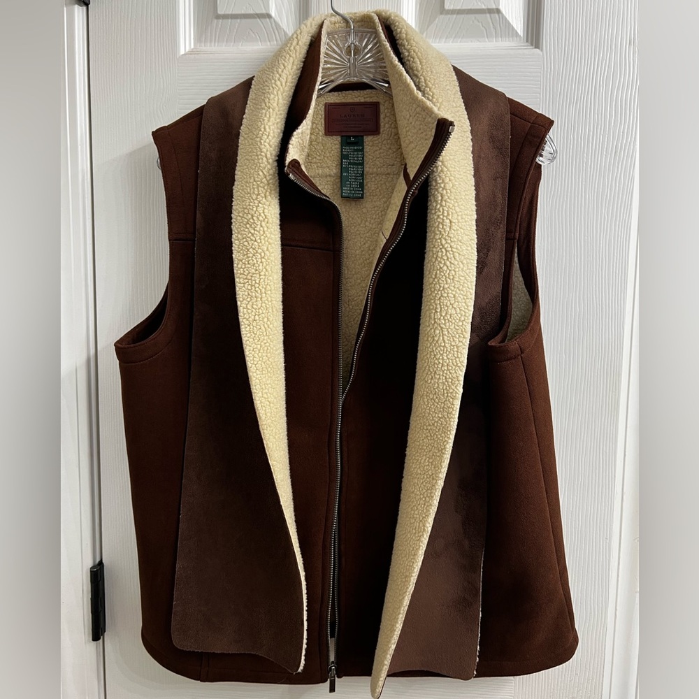 Vtg  Lauren Ralph Lauren original dry goods Faux Suede Brown Vest w/scarf Sz L